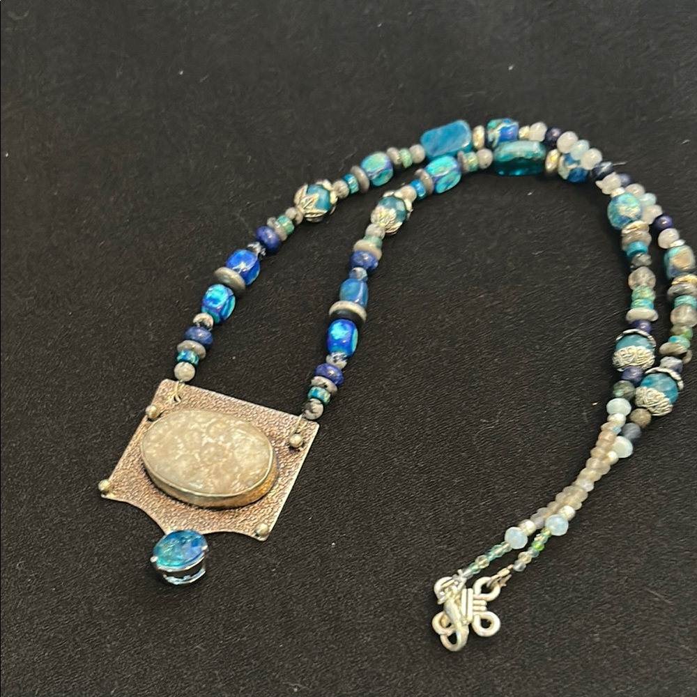 Fossilized coral, blue apatite, labradorite Necklace